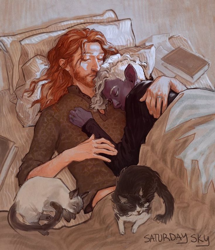 a drawing of a man laying in bed with two cats and a cat sleeping next to him