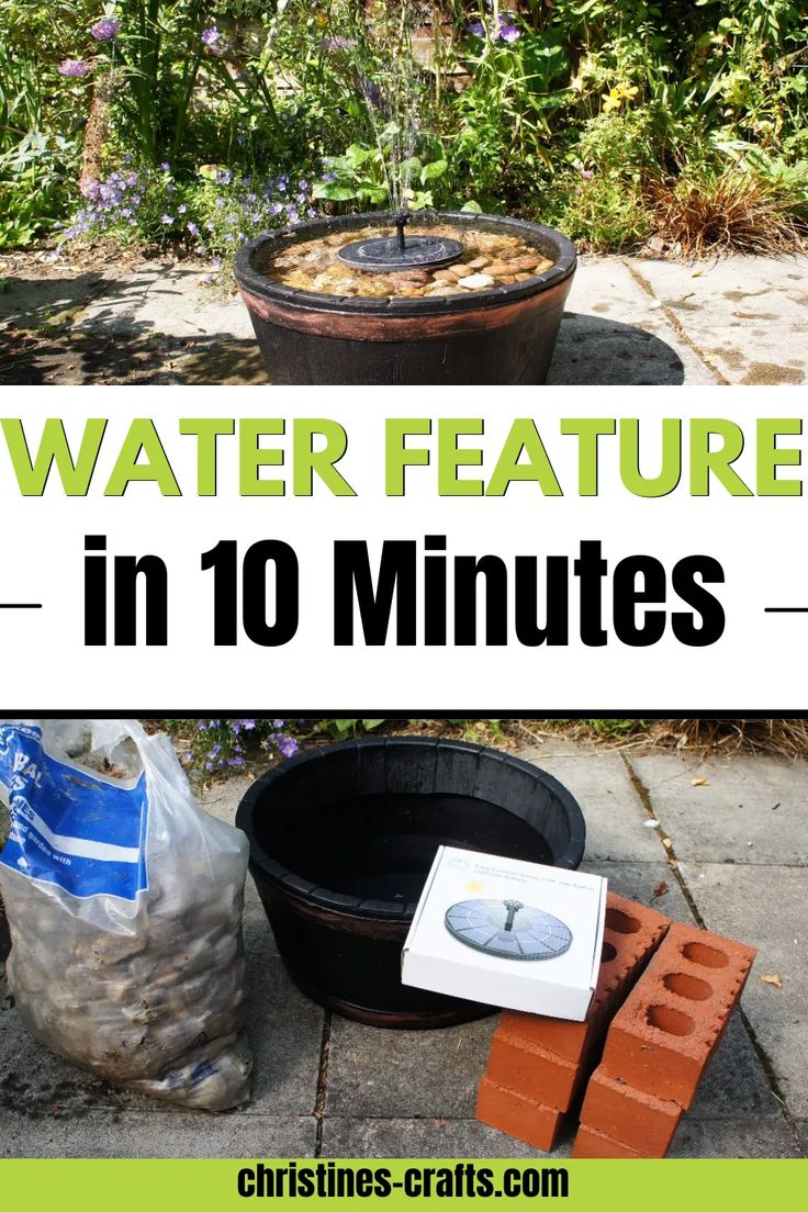 there is a potted plant with water in it and the words water feature in 10 minutes