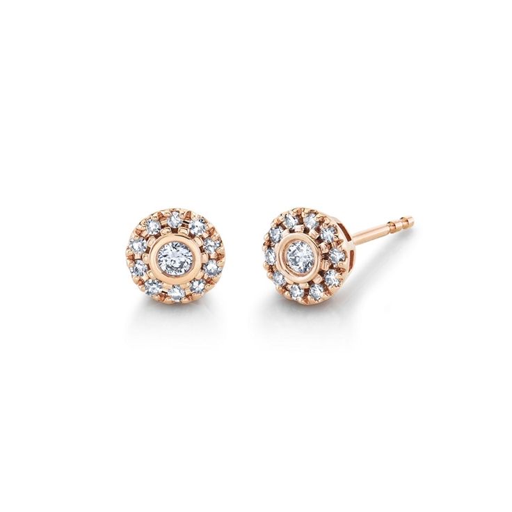 Rose Gold Diamond Earrings With Halo, Fine Jewelry Rose Gold Halo Diamond Earrings, Rose Gold Brilliant Cut Cluster Earrings, Classic Rose Gold Diamond Earrings With Halo Design, Rose Gold Halo Diamond Earrings, 14k Rose Gold Earrings With Pave Setting, Rose Gold 14k Pave Set Earrings, Rose Gold Diamond Earrings With Halo Setting, Rose Gold 14k Earrings With Pave Setting