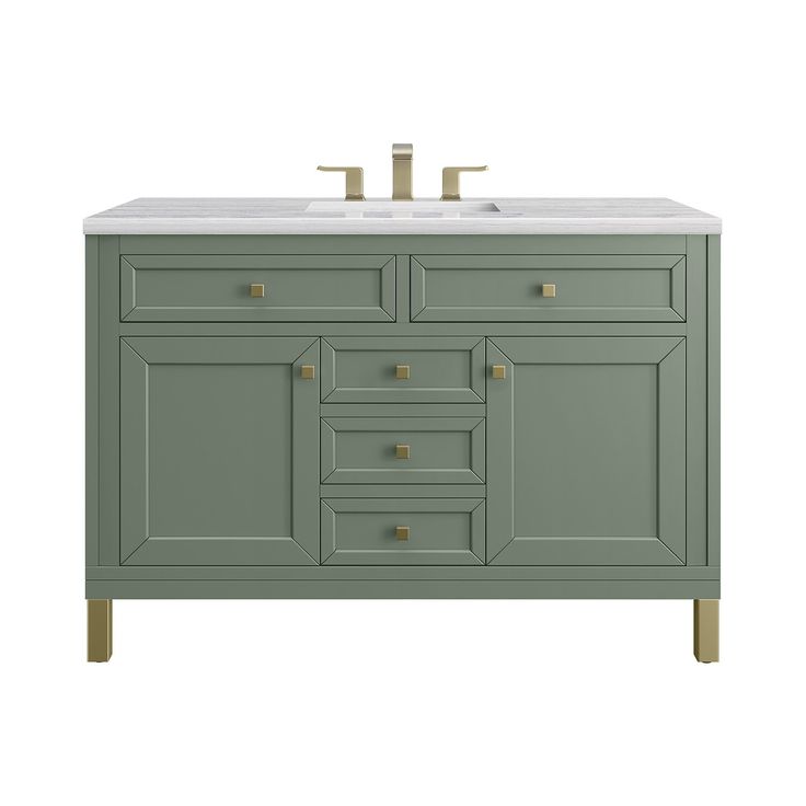 Freestanding or floating, our top-selling Chicago Collection is distinctly contemporary, bringing both form and function with clean lines and ample storage. Crafted from kiln-dried hardwoods and plywood and available in three distinctive finishes, the collection can be customized to your preferences by installing it as a freestanding or floating vanity and choosing from one of our ten 3cm countertops. James Martin Vanities Chicago 48-in Smokey Celadon Undermount Single Sink Floating Bathroom Vanity with Arctic Fall Solid Surface Top in Green Quartz Vanity Tops, James Martin Vanity, Floating Bathroom Vanity, James Martin, Floating Vanity, Decorative Knobs, Single Sink Bathroom Vanity, Bathroom Vanity Tops, Bathroom Sink Vanity