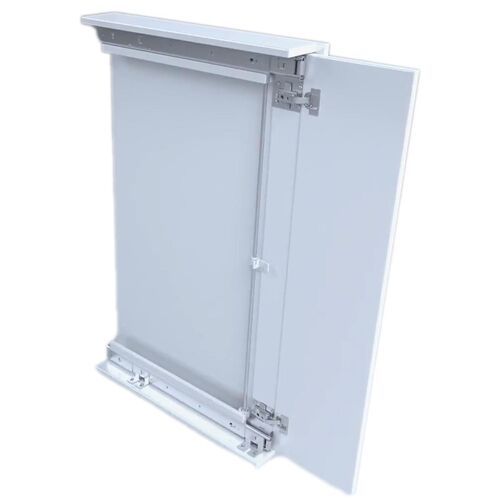 a white wall mounted enclosure with sliding doors