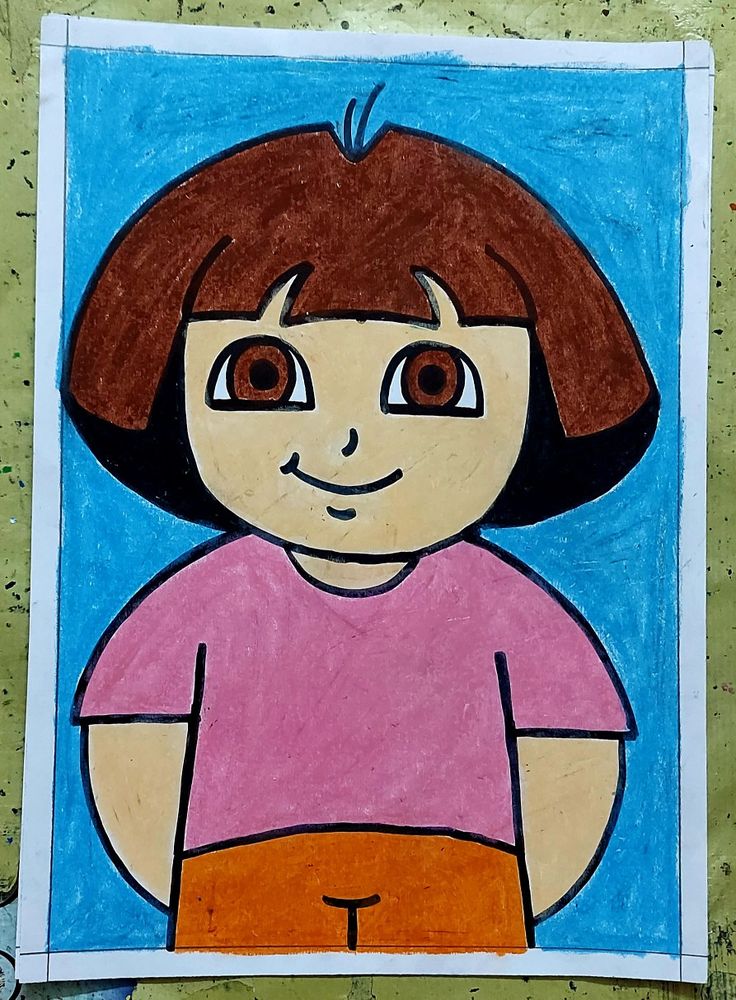 a child's drawing of a girl with brown hair and big eyes, wearing a pink shirt