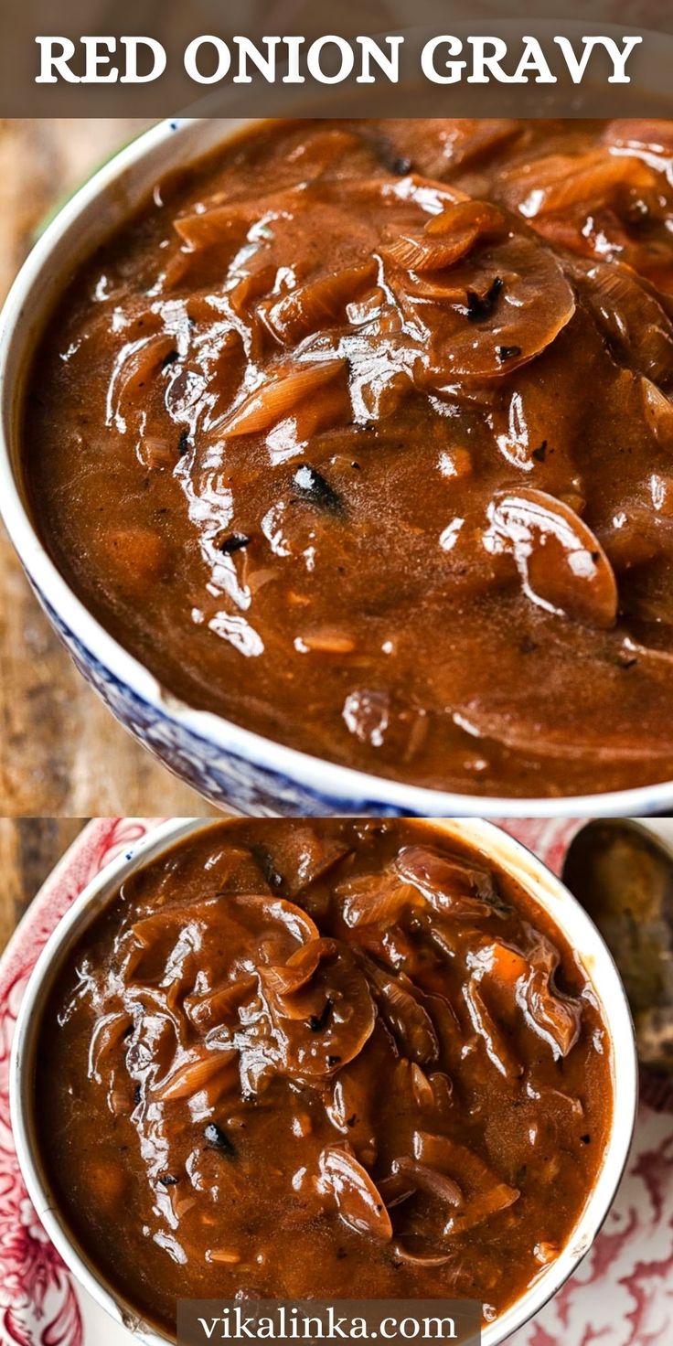 red onion gravy in a white bowl with spoons on the side and an image