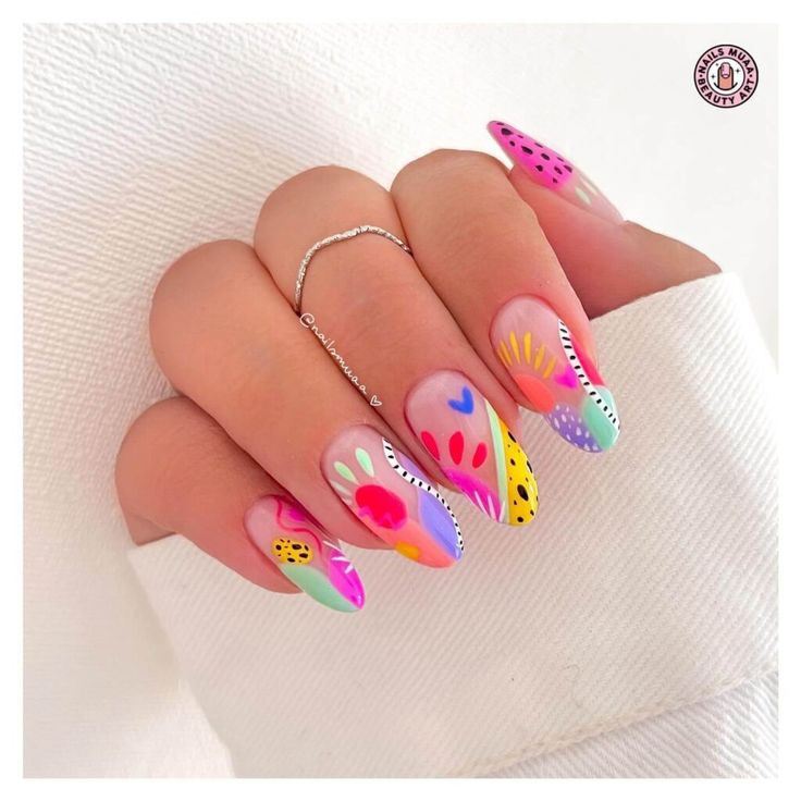 31 Simple Cute Summer Nail Designs 22 Gel X Nail Designs Colorful, Colorful Summer Nails 2024, Colorful Tip Nails, Summer Boho Nails, Nail Art Summer 2024, Summer Nail 2024, House Nail Art, Colorful Nails Summer, Funky Summer Nails