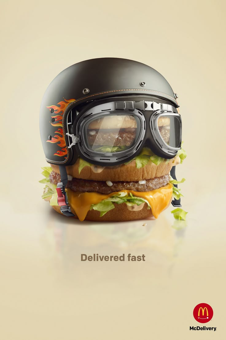 a hamburger wearing a helmet and goggles with the words mcdonald written on it's side