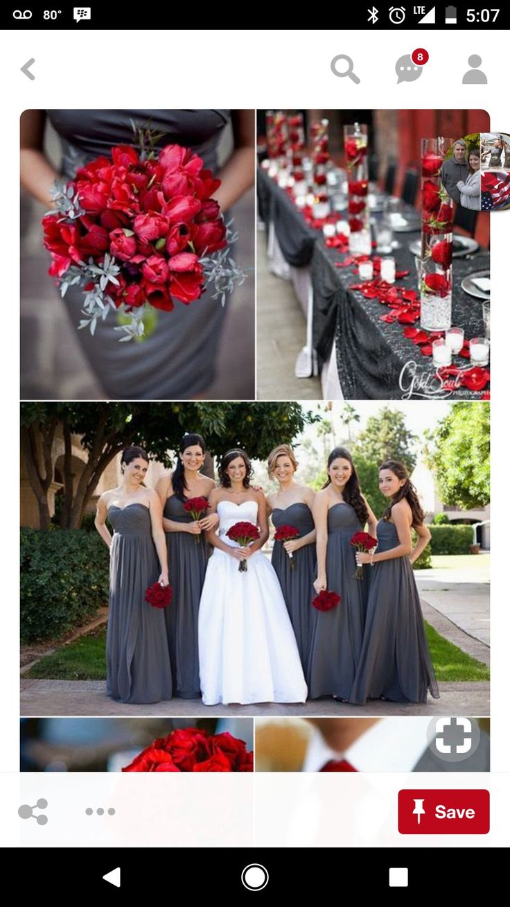 red and black wedding decorations with flowers on the table, bridesmaids in grey dresses