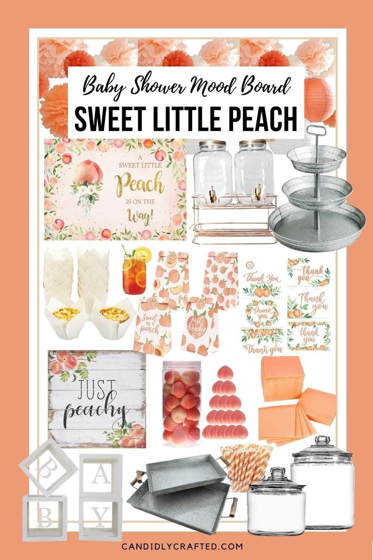 a collage of sweet little peaches with text overlay that says baby shower mood board, sweet little peach