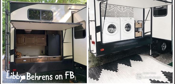 two pictures show the inside of a camper with its doors open and an outside laundry room