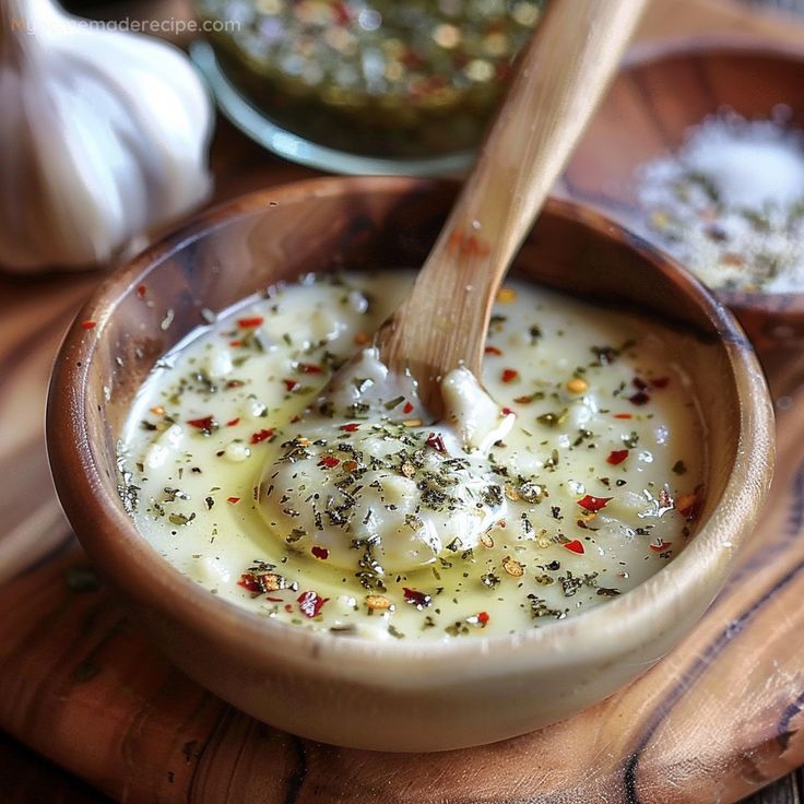 a wooden bowl filled with white sauce and herbs