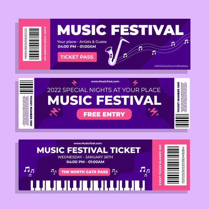 two tickets for music festival with musical notes on the front and side, purple background