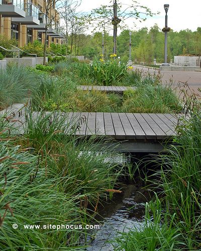 a wooden bridge over a small creek surrounded by tall grass and plants in front of apartment buildings