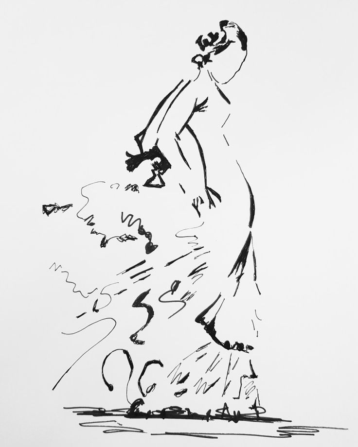 a black and white drawing of a woman in a long dress with her arms outstretched