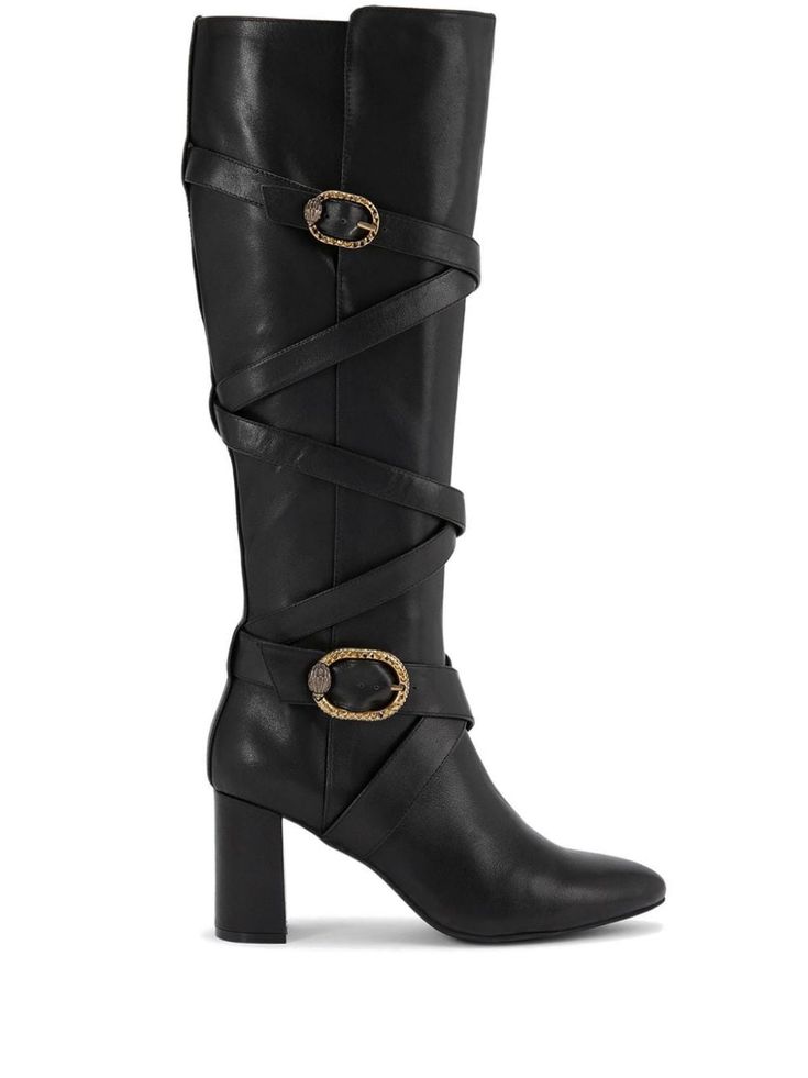 black leather smooth grain side zip fastening crossover strap detail logo-buckle detail pointed toe high block heel knee-length Black And Gold Boots, Gold Boots, Plague Doctor, Iconic Bags, Kurt Geiger, Flat Boots, Ballet Flat Shoes, Pump Sandals, Ski Wear