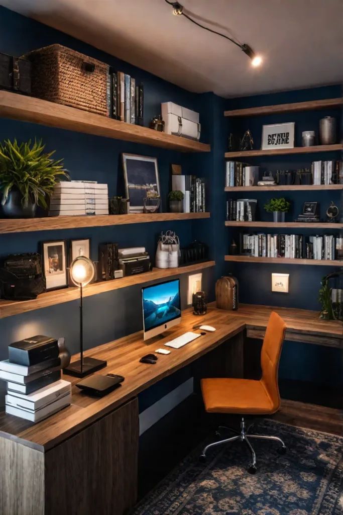 a home office with blue walls and wooden shelves