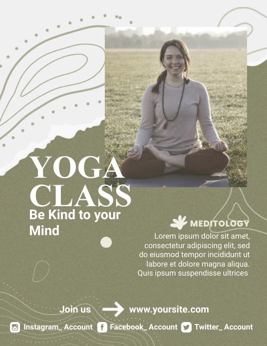 a yoga class flyer with a woman sitting on the ground in front of an open field