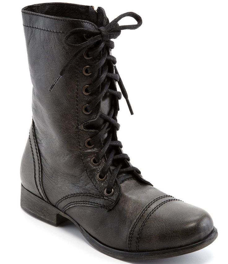 PRICES MAY VARY. Distressed leather combat boot featuring full-length instep zipper and lace-up shaft Man-made or leather lining. Cap toe. Lightly cushioned leather footbed Combat Boots Dress, Granny Boots, Modeling Photos, Leather Combat Boots, Oxford Boots, Black Combat Boots, Combat Boot, Military Inspired, Steve Madden Shoes