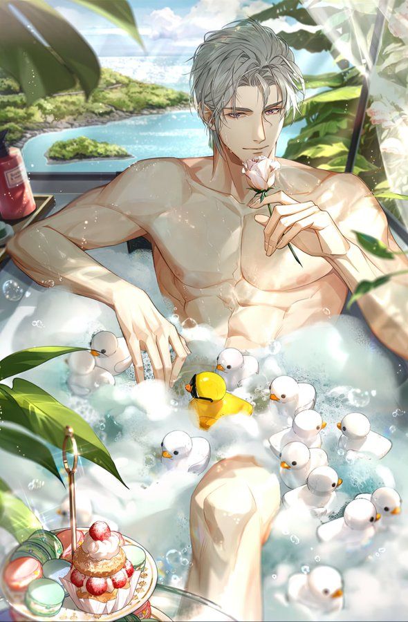 a man sitting in a bathtub with lots of bubbles and ducks floating around him