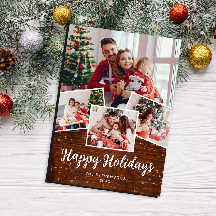 a christmas card with four photos on it, surrounded by holiday decorations and pine cones