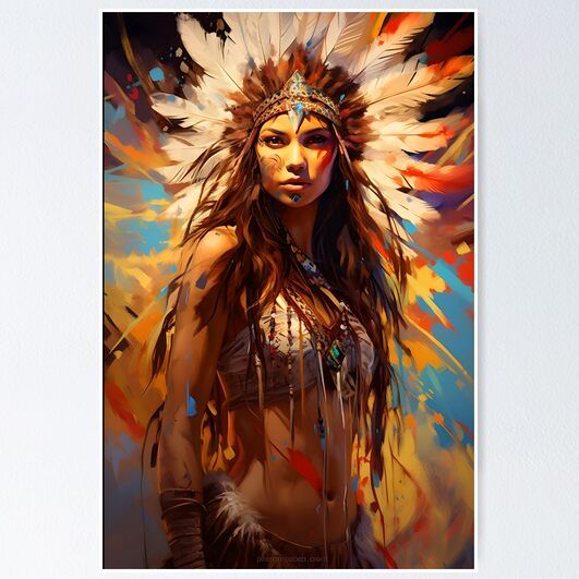 a painting of a native american woman with feathers on her head