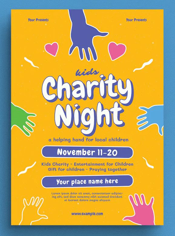 the charity night flyer is shown with colorful hands and hearts on yellow, blue, and pink