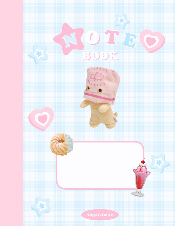 a teddy bear with a pink hat holding a donut next to a sign that says note book