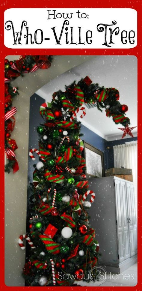 a christmas tree decorated with candy canes and bows is featured in the front cover of a book