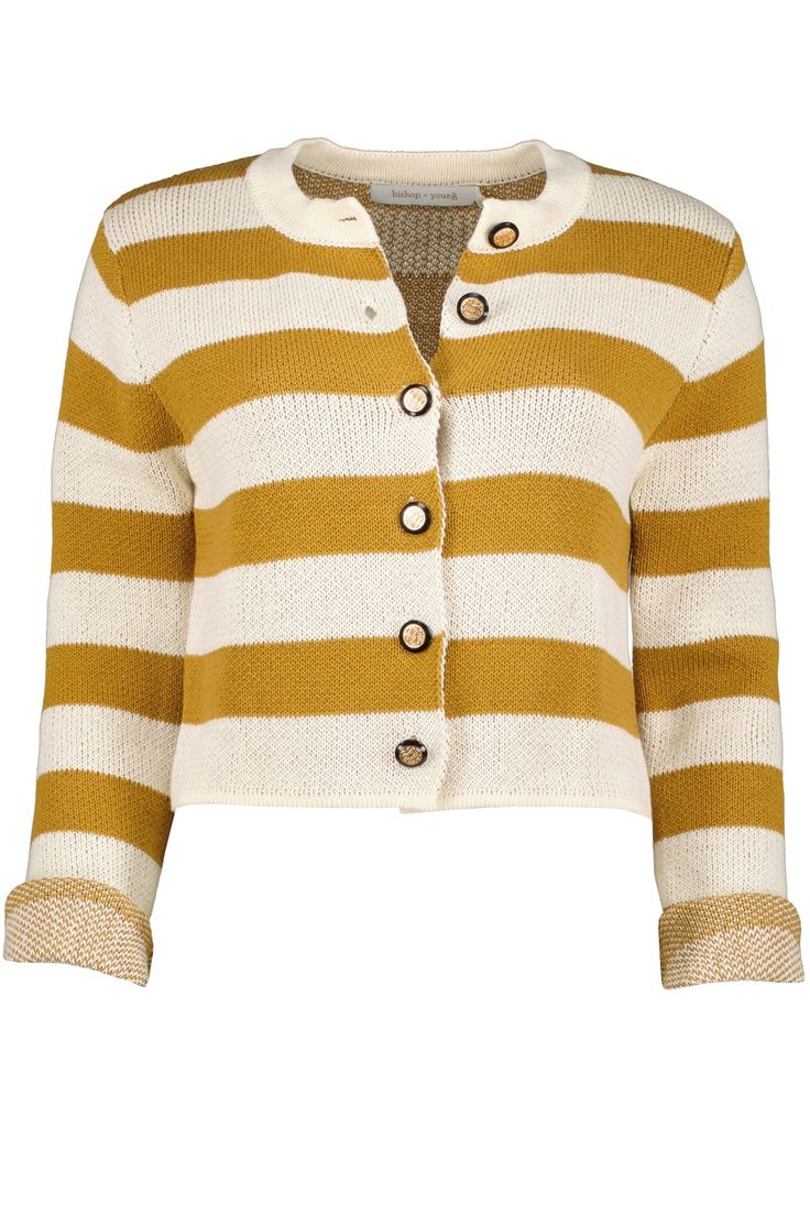 K4DSW2565-GOLD STRIPEVilleroy Stripe Sweater-100% Cotton-Button front closureFIT-True to size Gold Long Sleeve Outerwear With Button Closure, Gold Outerwear With Button Closure For Fall, Gold Winter Outerwear With Buttons, Gold Button-up Outerwear For Fall, Gold Buttoned Outerwear For Winter, Classic Gold Outerwear With Buttons, Classic Gold Outerwear With Button Closure, Modern Sweater, Gold Stripes