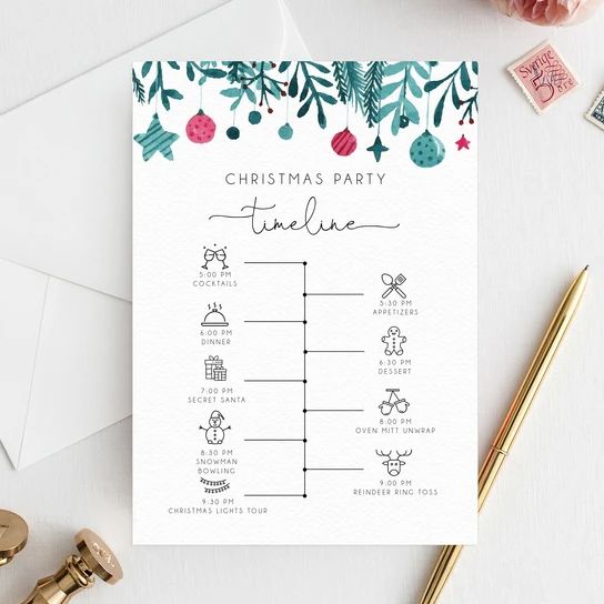 a christmas party time line up card on top of an envelope