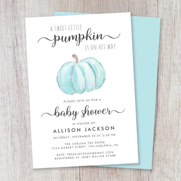 a baby shower card with a watercolor pumpkin on the front and blue bottom, says sweet little pumpkin is on hey way