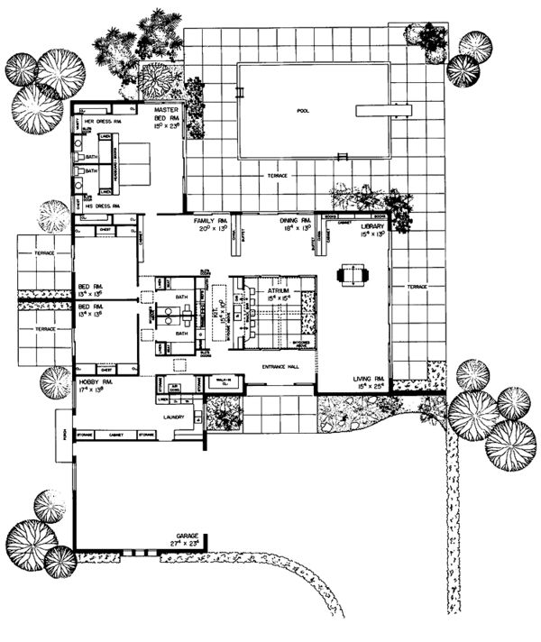 an architectural drawing of a house with trees and umbrellas in the ground floor plan