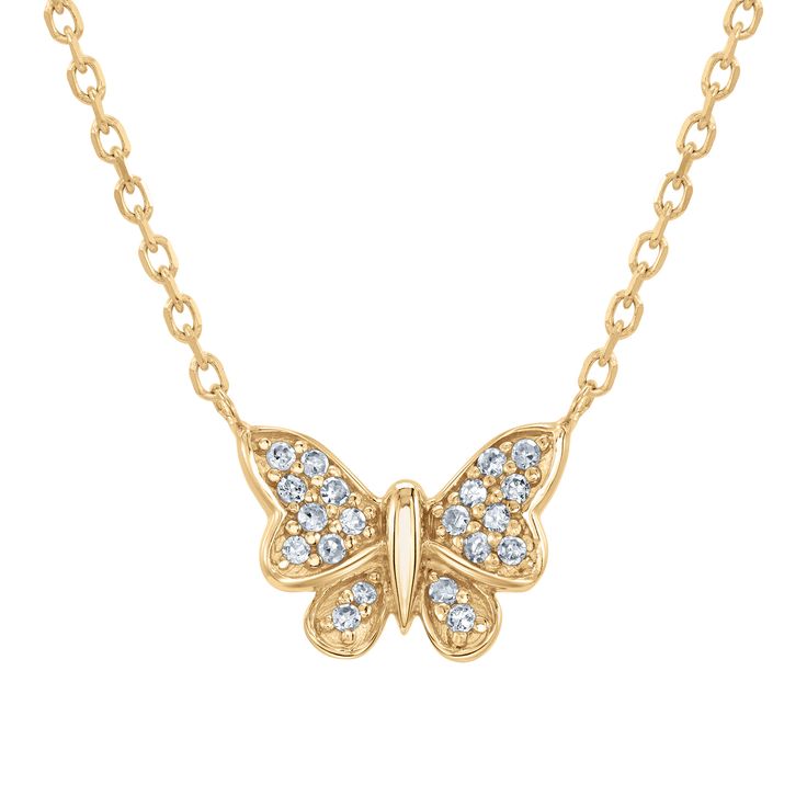 Add a touch of whimsy to your look with this charming butterfly necklace. Crafted in 10k yellow gold, this necklace features a stationary butterfly pendant that is decorated with sparkling diamonds. The diamonds are 1/15ctw, I in color, and I2 in clarity. The pendant measures 7.5mm in length and 11mm in width and the chain can be worn at 16 or 18 inches in length. Yellow Gold Diamond Butterfly Necklace With Charm, Diamond Butterfly Necklace With Diamond Accents, Gold Butterfly Necklace With Diamond Accents, Diamond Butterfly, Wedding Day Jewelry, Yellow Gold Necklace, Engagement Ring Guide, Butterfly Necklace, Butterfly Pendant