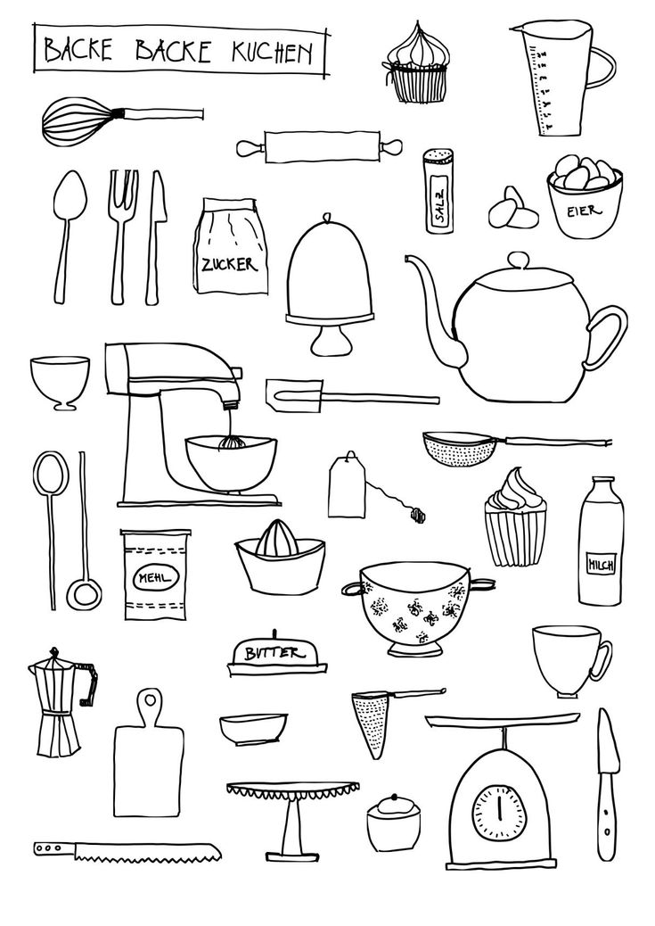 a black and white drawing of kitchen utensils with words on the side that read, bake bake kitchen