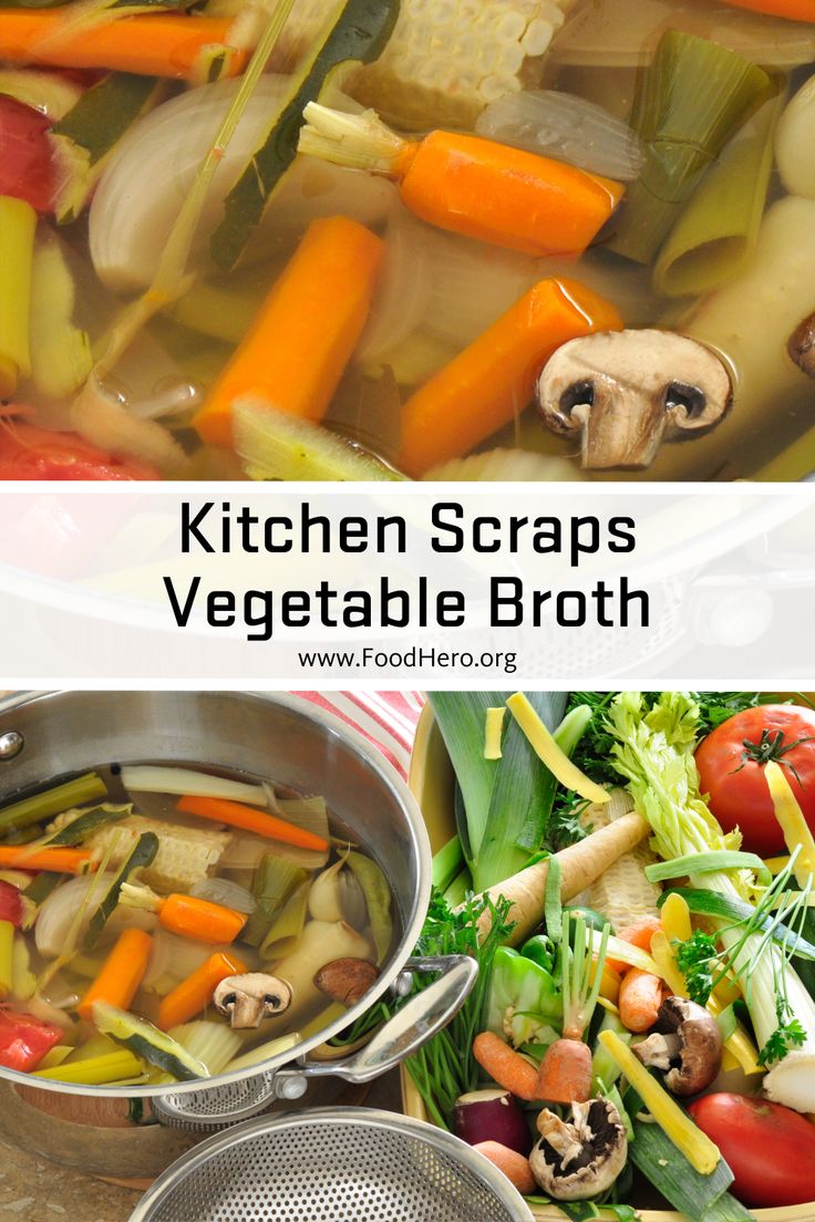 two pictures with different vegetables in them and the words kitchen scraps vegetable broth