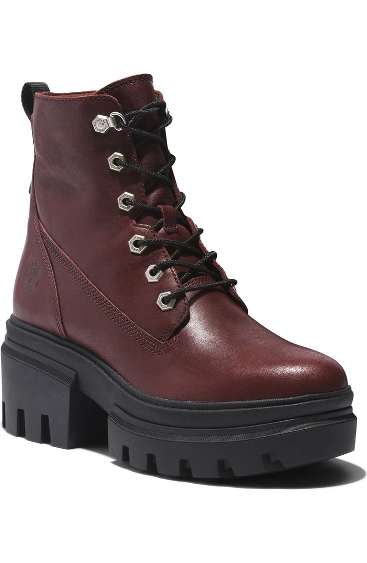 Timberland Everleigh Bootie (Women) | Nordstromrack Chunky Winter Combat Boots, Fall Chunky Platform Block Heel Lace-up Boots, Fall Lace-up Boots With Chunky Platform And Block Heel, Timberland Hiking Boots With Reinforced Toe For Fall, Timberland Ankle-high Waterproof Boots For Fall, Rugged High-top Combat Boots, Casual Boots With Lug Sole And Block Heel, Fall Lace-up Boots With Lug Sole And Medium Width, Trendy Lace-up Boots With Lug Sole For Work