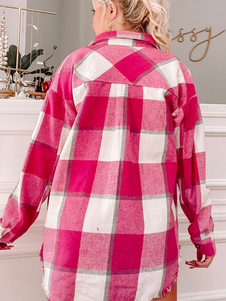 The Tegan Shacket from Sassy Shortcake is a hot pink plaid shacket. She has an oversized fit. Model wearing a size small. Lined. content: 100% polyester Sassy Shortcake, Plaid Shacket, Pink Plaid, Hot Pink, Sweater Dress, Composition, Long Sleeve Dress, Plaid, Models