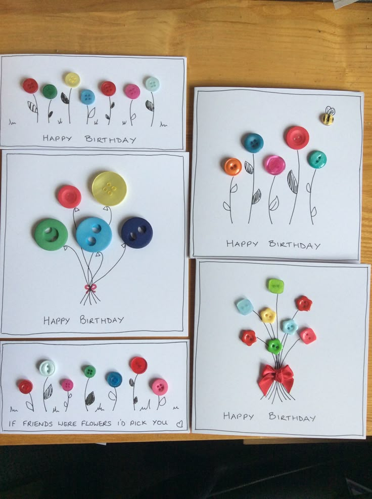 four birthday cards with buttons and flowers on them