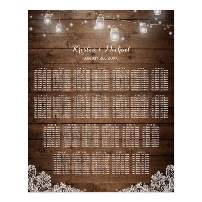 the rustic mason jars seating chart is displayed on a wooden wall with string lights strung over it