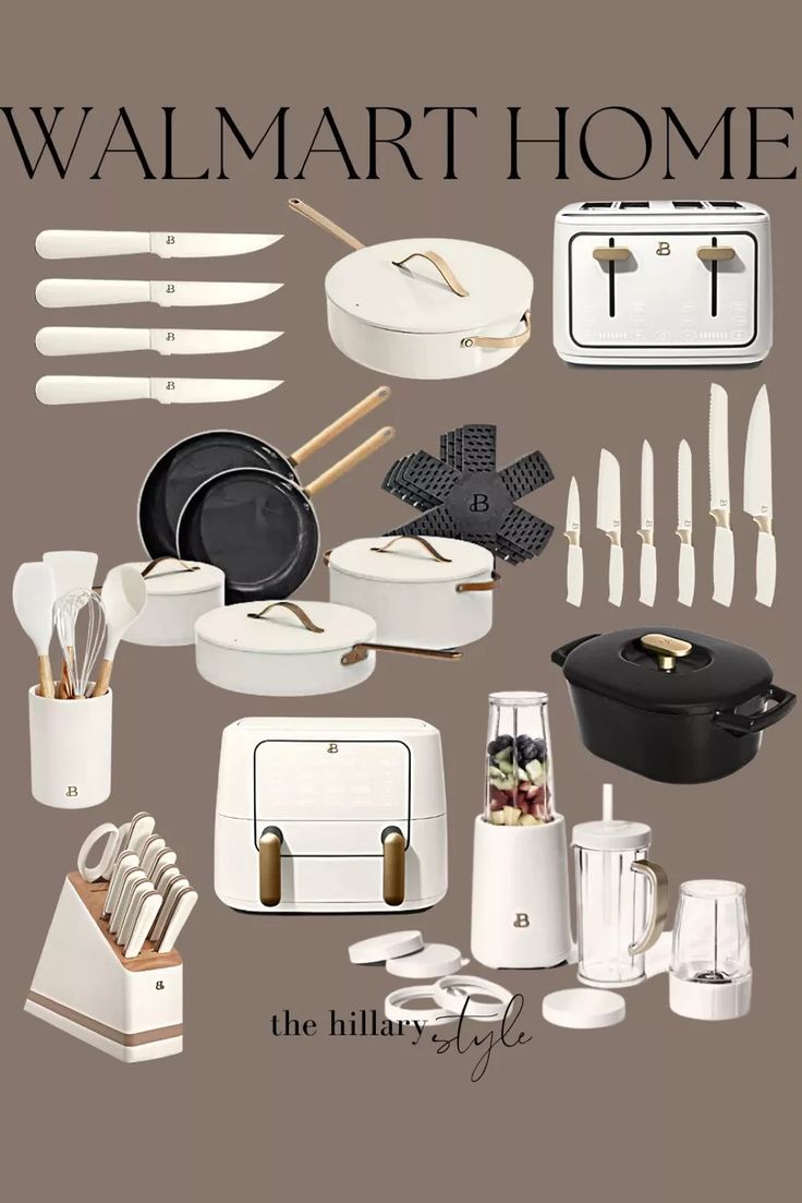 an advertisement for walmart's new kitchenware line, featuring white dishes and utensils