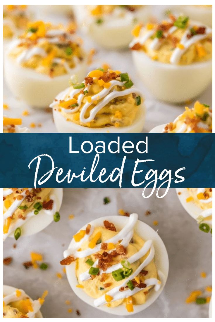 loaded deviled eggs with bacon and cheese on top