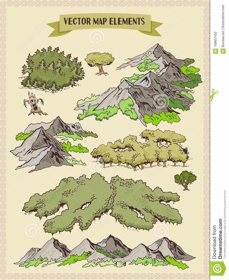 trees and mountains in the style of an old book stock photo - image 34978