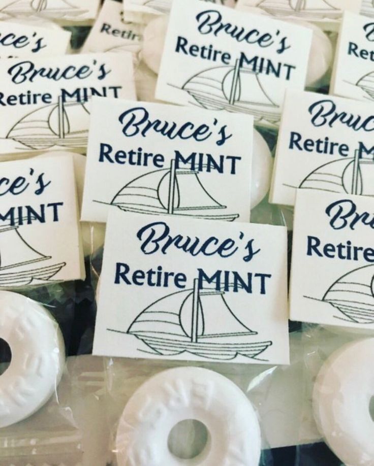 there are many donuts with stickers on them that say bruce's retirement mint