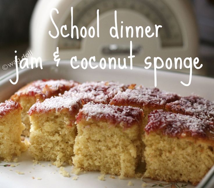 several pieces of cake on a plate with the words school dinner jam and coconut sponge