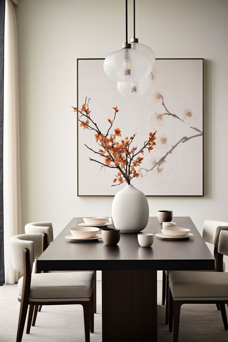 a dining room table with chairs and a vase on it's centerpiece in front of a painting