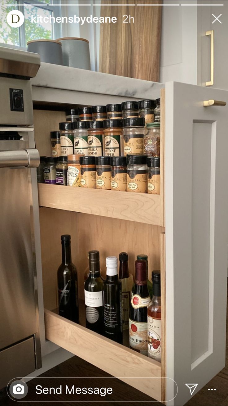 an appliance with spices and condiments on the bottom shelf in a kitchen