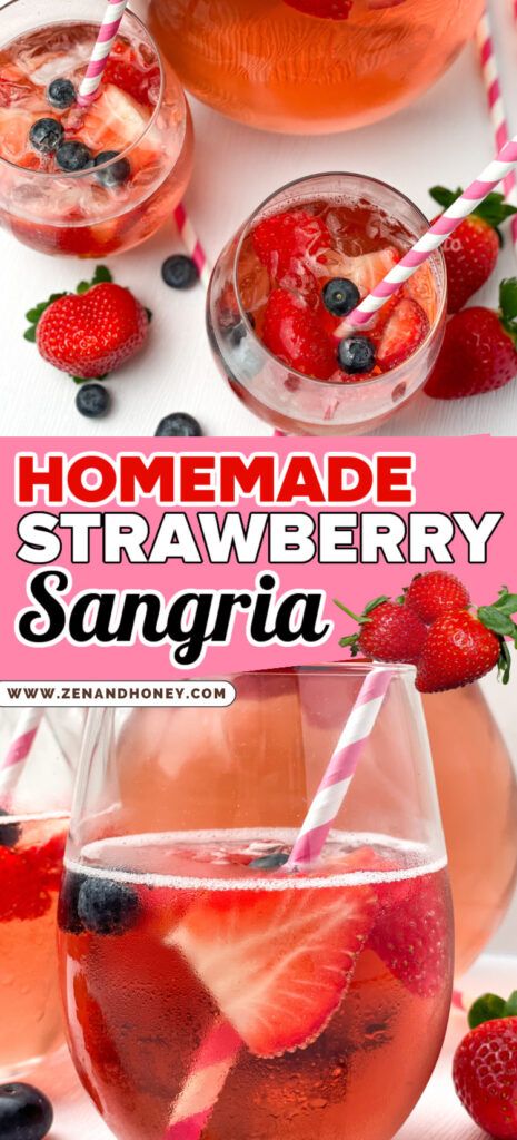 homemade strawberry sangria in glasses with strawberries and blueberries on the rims