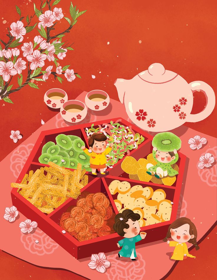 an illustration of people standing in front of a tray of food on a red table cloth