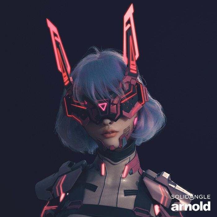 a futuristic woman with blue hair and neon glasses