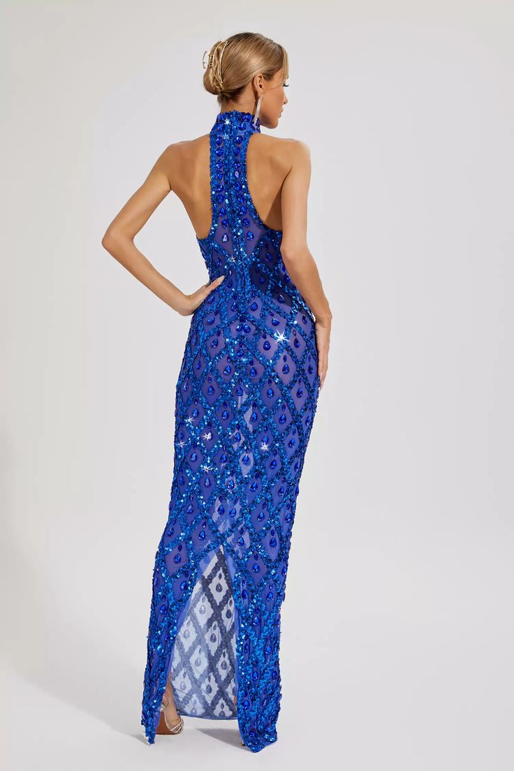 Blue Embellished Evening Dress, Embellished Royal Blue Evening Dress For Prom, Blue Sequined Evening Dress For Gala, Maxi Length Sequin Dress For Prom And Gala, Sparkling Maxi Dress For Evening Prom, Glamorous Blue Floor-length Gown, Blue Sleeveless Evening Gown, Sleeveless Blue Evening Gown, Sparkling Sleeveless Evening Dress