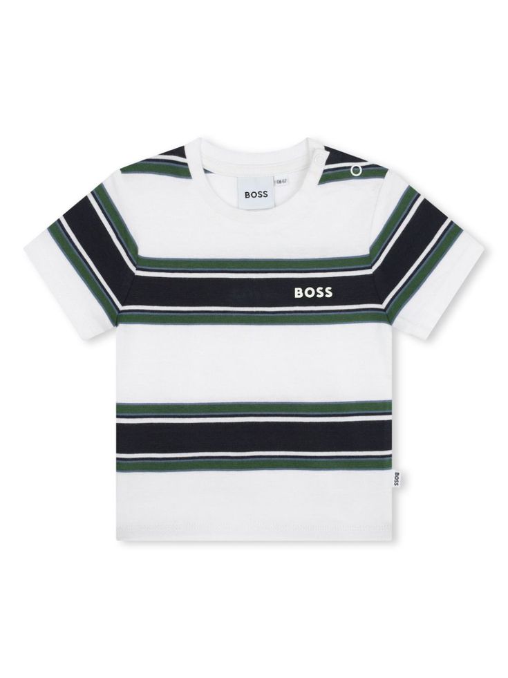 white/green cotton jersey texture horizontal stripe pattern logo print at the chest mini logo tag crew neck button fastening at the shoulder short sleeves straight hem Sporty Striped T-shirt For Summer, Sporty Striped Summer T-shirt, Sporty Summer Tops With Signature Stripes, Sporty Striped Summer Tops, White T-shirt With Contrast Stripes For Summer, Striped T-shirt With Three Stripes Branding, Crew Neck, Casual T-shirt With Signature Stripes And Short Sleeves, Summer Short Sleeve T-shirt With Signature Stripes, Sporty White T-shirt With Signature Stripes