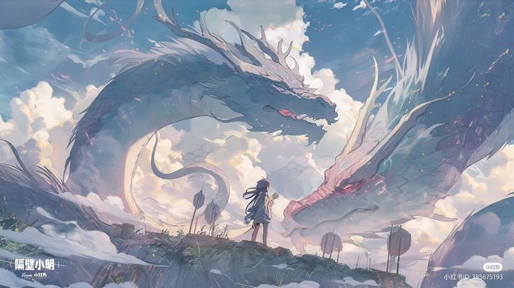 a woman standing on top of a hill next to two large white dragon in the sky